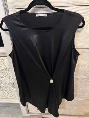 Zara Black Faux Leather Sleeveless Top with Pearl Button Detail